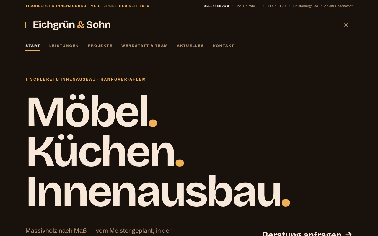 Demo-Website Tischlerei Eichgrün & Sohn, Desktopansicht
