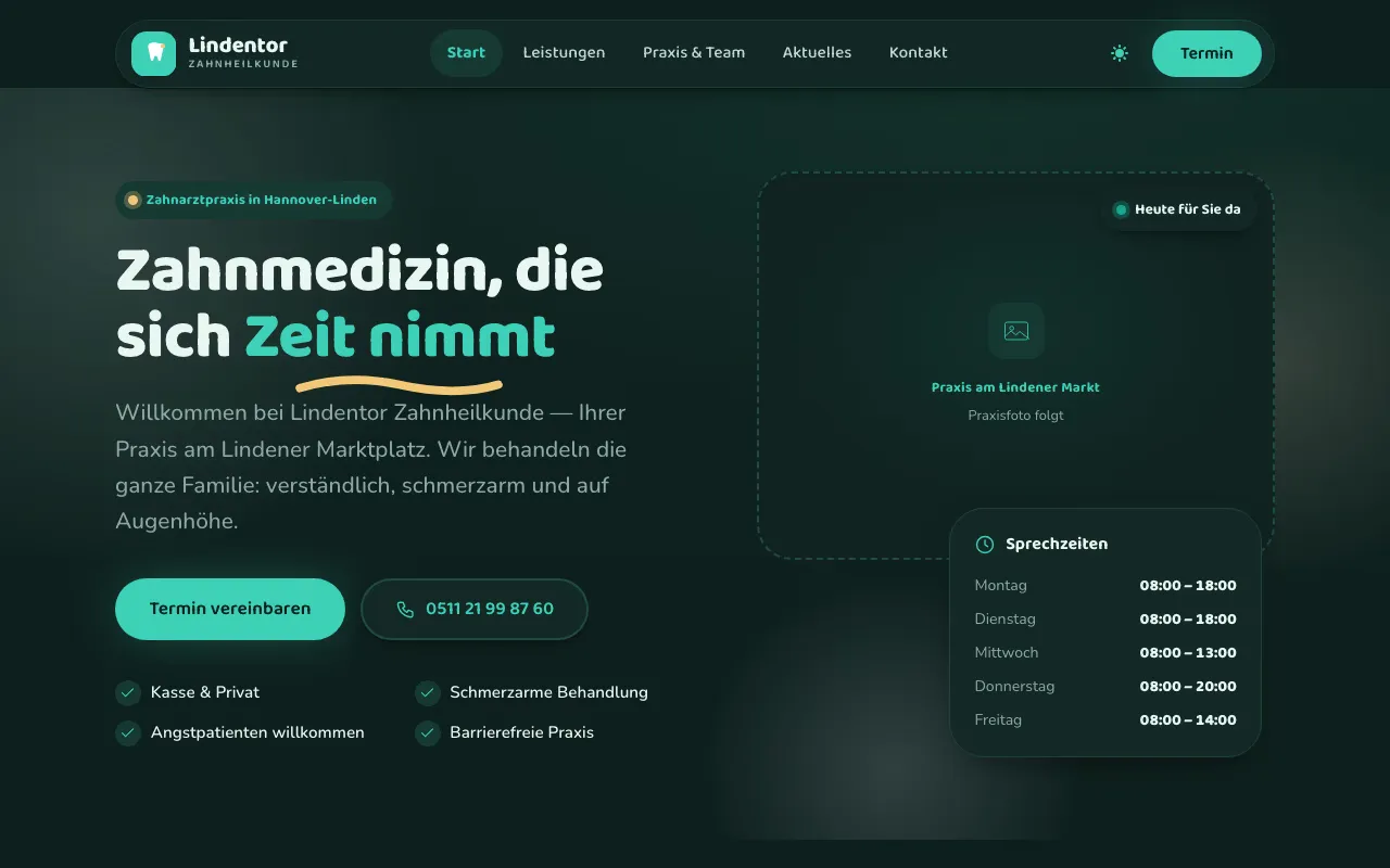 Startseite der Demo-Website Lindentor Zahnheilkunde in dunkler Ansicht