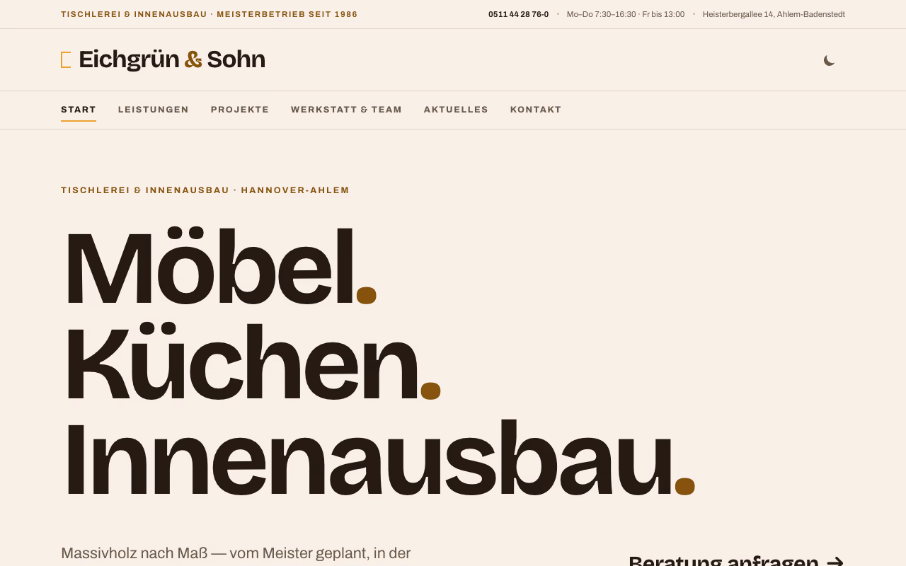 Demo-Website Tischlerei Eichgrün & Sohn, Desktopansicht