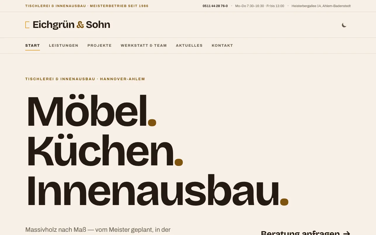 Startseite der Demo-Website Tischlerei Eichgrün & Sohn in heller Ansicht