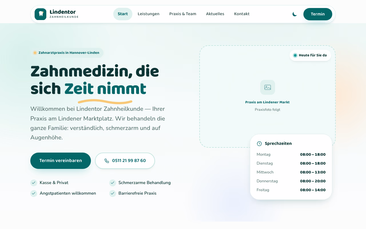 Demo-Website Lindentor Zahnheilkunde, Desktopansicht