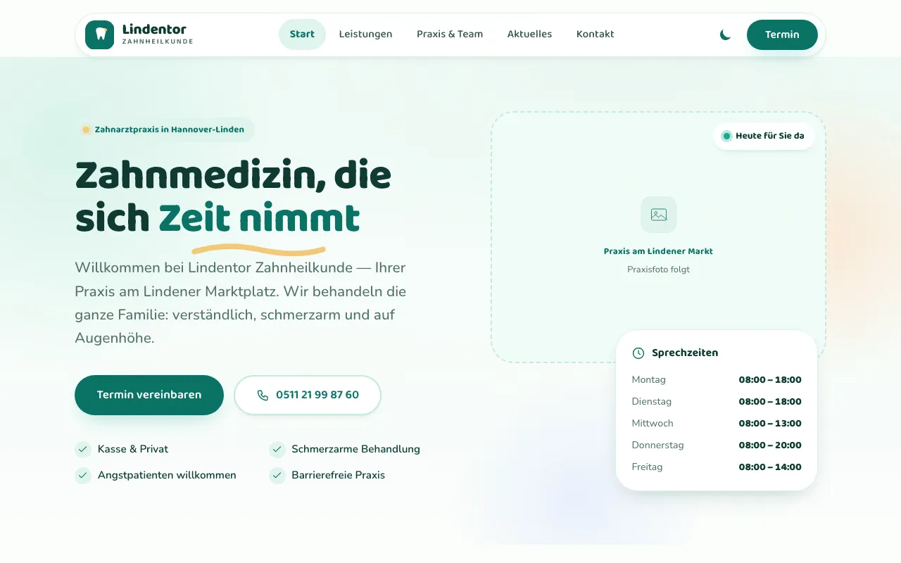 Startseite der Demo-Website Lindentor Zahnheilkunde in heller Ansicht