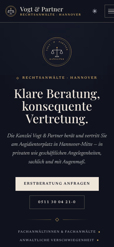 Demo-Website Kanzlei Vogt & Partner, Mobilansicht