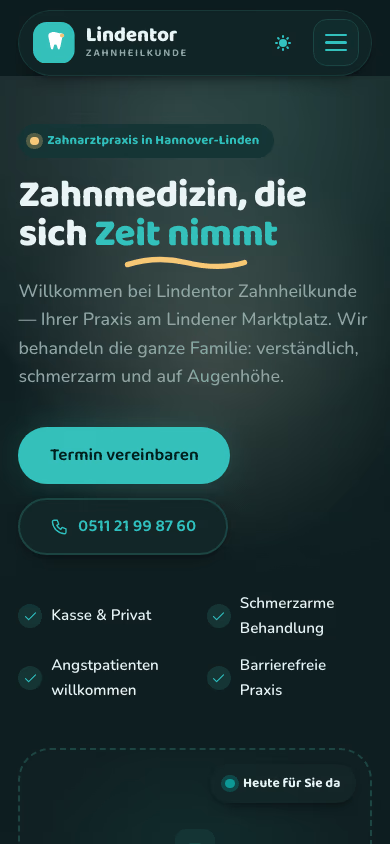Demo-Website Lindentor Zahnheilkunde, Mobilansicht
