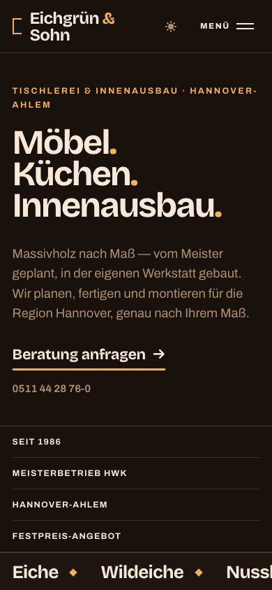 Demo-Website Tischlerei Eichgrün & Sohn, Mobilansicht