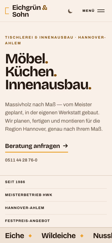 Demo-Website Tischlerei Eichgrün & Sohn, Mobilansicht