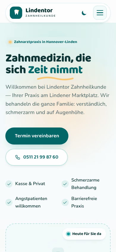 Demo-Website Lindentor Zahnheilkunde, Mobilansicht