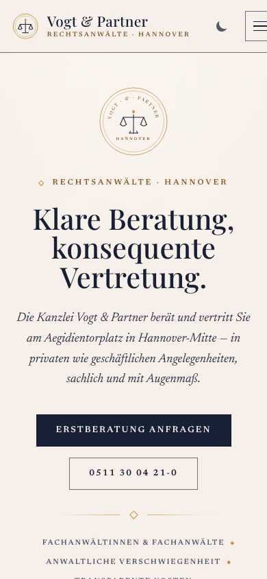 Demo-Website Kanzlei Vogt & Partner, Mobilansicht